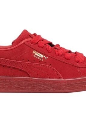 Puma Kids Suede Classic Sneaker in Red with Gold Logo